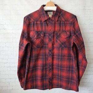 LL Bean Mens Katahdin Flannel Snap Front Shirt Size M Red Navy Plaid 298102